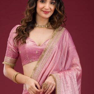 Onion Pink Threadwork Tissue Saree