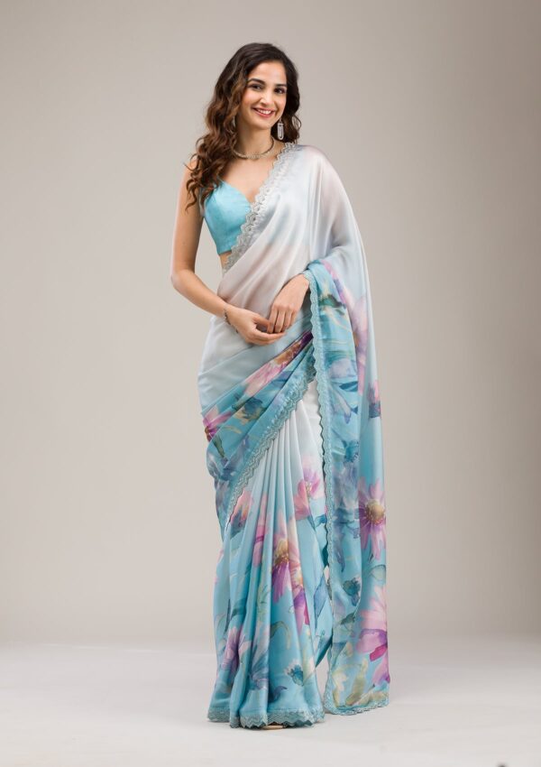 Sky Blue Stonework Satin Saree - Image 2