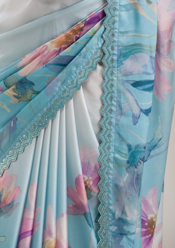 Sky Blue Stonework Satin Saree - Image 7