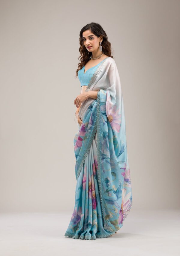 Sky Blue Stonework Satin Saree - Image 6